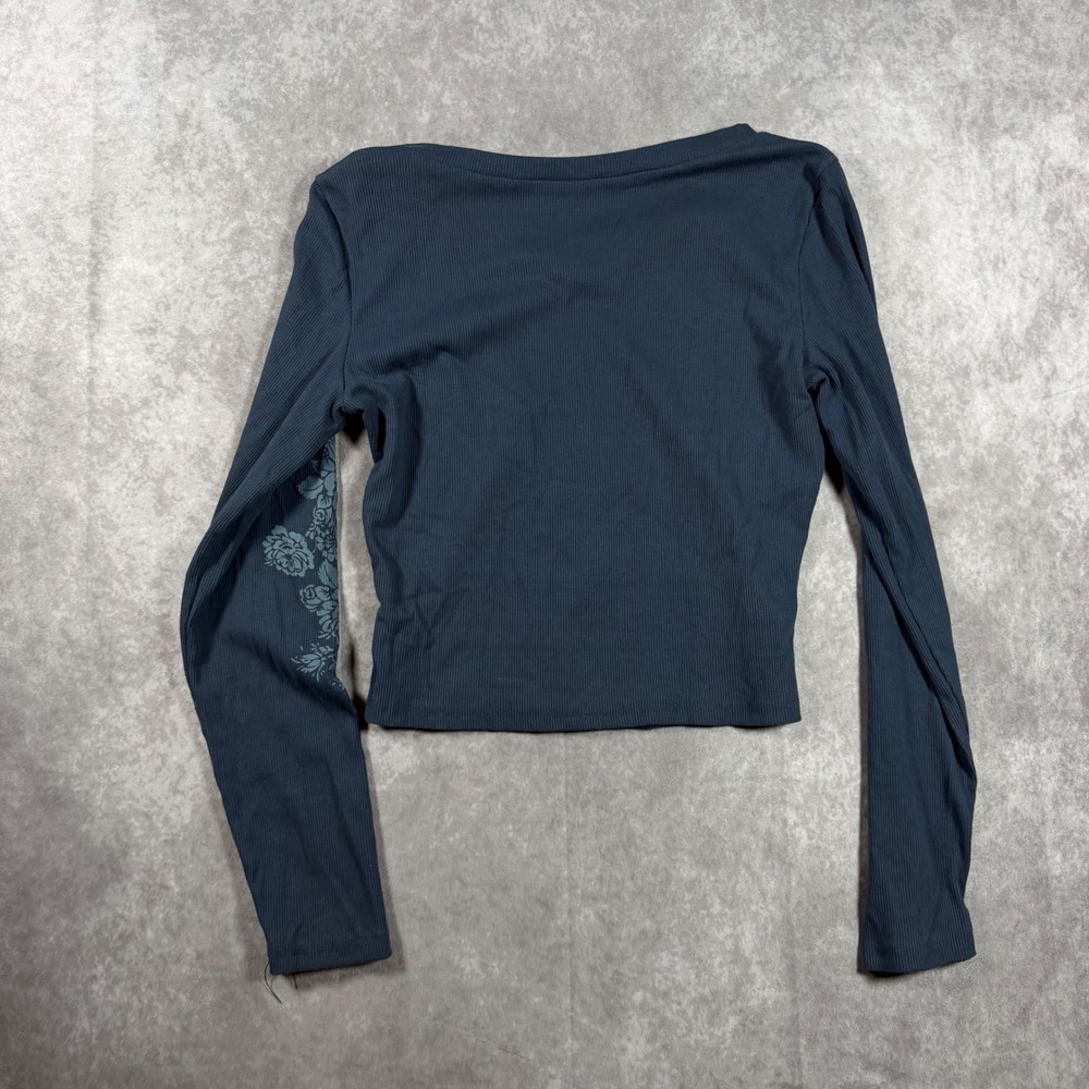 Vintage Y2K Ribbed Graphic V-Neck Crop Top Rhinestone Wing Floral Blue Large - Picture 3 of 7
